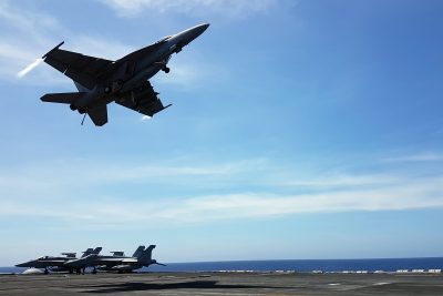 An F18 fighter takes off from the deck of the USS Theodore Roosevelt while transiting the South China Sea, 10 April 2018 (Photo: Reuters/Karen Lema). An F18 fighter takes off from the deck of the USS Theodore Roosevelt while transiting the South China Sea, 10 April 2018 (Photo: Reuters/Karen Lema).