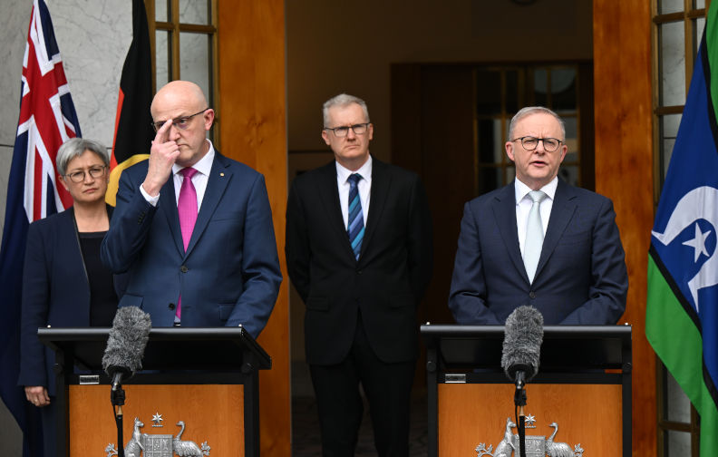 Australian Prime Minister Anthony Albanese and Director-General of ASIO Mike Burgess speak to the media during a press conference at Parliament House in Canberra, Tuesday, August 26, 2025. (AAP Image/Lukas Coch) NO ARCHIVING Terrorists are them, never us