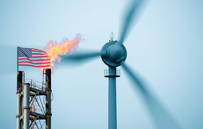 USA clean, renewable energy, fossil fuels, gas, oil industry, wind turbines, inflation, economy, net zero emissions, global warming, climate change. Image Alamy. ContributorIslandstock. Image ID2JCNAA5 Trump and climate change