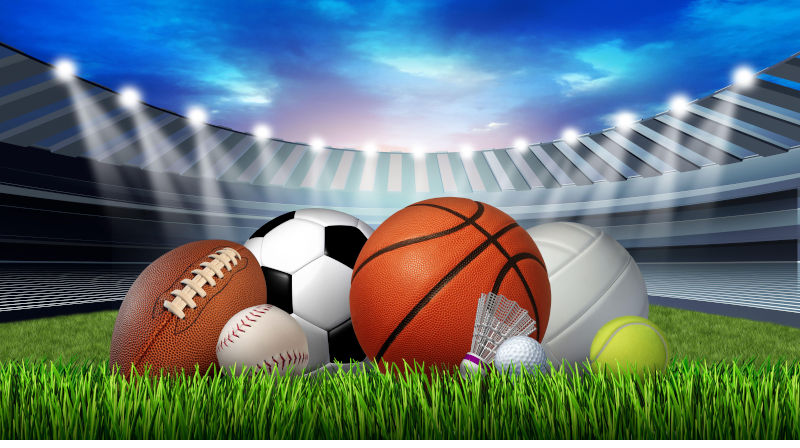 Sports stadium equipment and leisure sports on grass in a sport stadium with a football basketball baseball golf soccer tennis ball volleyball. Image Alamy.ContributorBrain light. Image ID2JMXM23 From play to performance: Sport as the new Roman circus