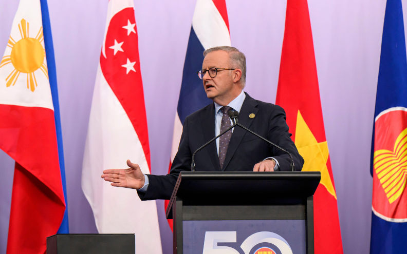 Melbourne, Australia. 06th Mar, 2024. Prime Minister, Anthony Albanese speaks during the event. Joint Media Statement by Australias Prime Minister, Anthony Albanese and Laos Prime Minister, Sonexay Siphandone during the 2024 ASEAN Australia Special Summit in Melbourne. The three day Special Summit is to celebrate 50th Anniversary of ASEAN Australia dialogue relations, with hundreds of officials and leaders gathering for summitry. Photo by George Chan/SOPA Images/Sipa USA Credit Sipa USA/Alamy Live News. ContributorSipa USA. Image ID2WPBG35 Australia’s next big bet lies East, not West