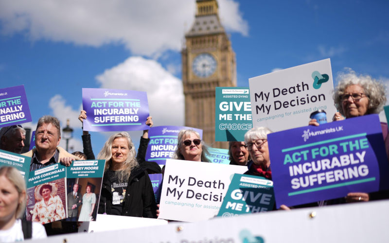 Campaigners in support of voluntary euthanasia protest outside Parliament in Westminster, London, ahead of a debate in the House of Commons on assisted dying. A petition for a debate gained more than 200,000 signatures and has been backed by Dame Esther Rantzen. Picture date Monday April 29, 2024. Image Alamy. ContributorPA Images. Image ID2X3YDED Do politicians ever listen to the people or only the powerful?