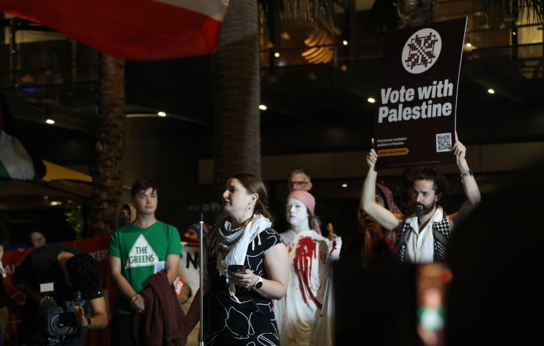 Parramatta, Australia. 16th April 2025. Palestine supporters protested outside the ABC television studios in Parramatta Square in western Sydney as a pre-election leaders debate between Labor leader and Prime Minister Anthony Albanese and Liberal leader Peter Dutton was being held inside. The protest was hosted by Students for Palestine. Pictured: Liz Tilly, Greens candidate for Parramatta in the upcoming Federal election. Credit: Richard Milnes/Alamy Live News. Contributor: Richard Milnes / Alamy Stock Photo Image ID: 3APAY5P An open letter to The Greens