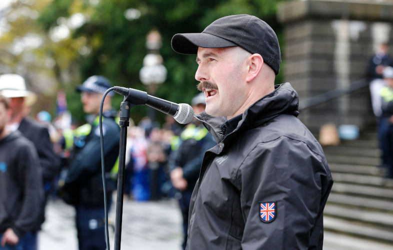Melbourne, Victoria State, Australia. 31st Aug, 2025. Thomas Sewell, leader of the neo-Nazi National Socialist Network, speaks at the March for Australia rally. Far-right groups rallied in Melbourne on Sunday, August 31, as part of the March for Australia mobilisation, which was held in seven cities across Australia. The event promoted white supremacist and anti-immigration slogans, with organisers rejecting multiculturalism and targeting migrants, refugees, Indigenous people, and Palestinians. Credit ZUMA Press, Inc. Alamy Live News. Contributor ZUMA Press, Inc. Image ID 3CHE1N8 Neo-Nazis and racist rallies - why it is important the Australian media call them for what they are