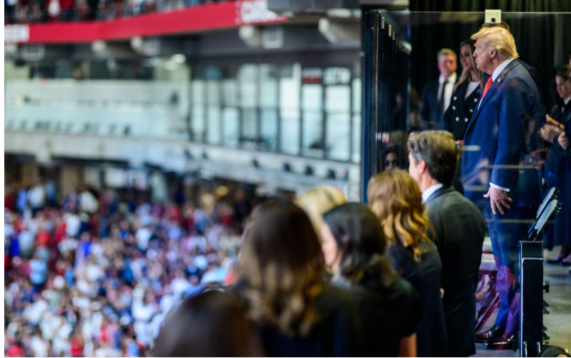 President Donald Trump watches speakers during the Memorial Service for Charlie Kirk at State Farm Stadium in Glendale, Arizona, Sunday, September 21, 2025.(Official White House Photo by Daniel Torok). Image Alamy. ContributorAmerican Photo Archive. Image ID3CNPK10 Muted response to Trump's appropriation of Christianity