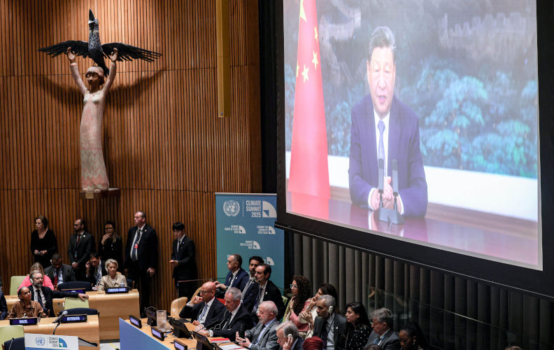 New York, New York, USA. 24th Sep, 2025. Chinese President XI JINPING is projected on a screen at the UNGA80 Climate Summit ? nearly 100 nations and 40 leaders backed new climate targets ahead of COP30 in Brazil, focusing on emissions, methane, finance, and rising heat. (Credit Image (c) Bianca Otero/ZUMA Press Wire) EDITORIAL USAGE ONLY Not for Commercial USAGE. Image Alamy. ContributorZUMA Press, Inc. Image ID3CP9B5P Trump, Xi and the ‘green paradox’: How China is building a climate-proof future