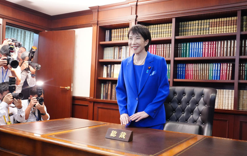Newly elected Liberal Democratic Party President Sanae Takaichi poses in the leaders office at the Japanese ruling partys headquarters in Tokyo on Oct. 4, 2025, following her victory in the partys presidential election earlier in the day. (Pool photo) (Kyodo)==Kyodo Photo via Credit Newscom/Alamy Live News. ContributorNewscom. Image ID3CTBB8Y Takaichi’s victory is a milestone on the road to a new party system in Japan