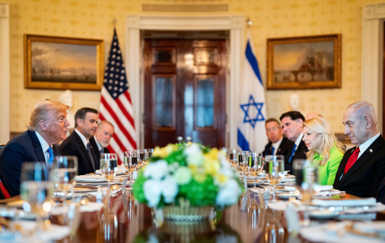 07th July, 2025. Washington, United States Of America. US President Donald Trump, centre left, and Israeli Prime Minister Benjamin Netanyahu, centre right, during a dinner in the Blue Room of the White House in Washington, DC, US, on Monday, July 7, 2025. Israeli Prime Minister Benjamin Netanyahu told President Donald Trump he nominated him for the Nobel Peace Prize, using a visit to the White House to further cement the pair's relationship as the US presses for a ceasefire in Gaza. Credit: Al Drago/Pool via CNP Photo via Credit: Newscom/Alamy Live News. Contributor: Newscom Image ID: 3BPD256 Americans' support for Israel's Gaza war hits record low, poll shows