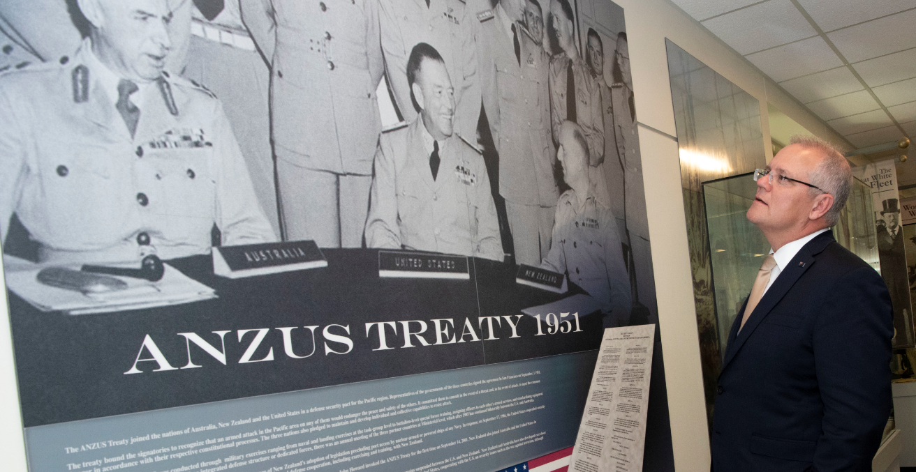 Australian Prime Minister Scott Morrison visits the ANZUS Corridor that commemorates the 1951 Australia, New Zealand, United States Security Treaty, at the Pentagon, Washington, D.C., Sept. 20, 2019. Source: DoD/Lisa Ferdinando https://bit.ly/3dnZkOX Australian Prime Minister Scott Morrison visits the ANZUS Corridor that commemorates the 1951 Australia, New Zealand, United States Security Treaty, at the Pentagon, Washington, D.C., Sept. 20, 2019. Source: DoD/Lisa Ferdinando https://bit.ly/3dnZkOX