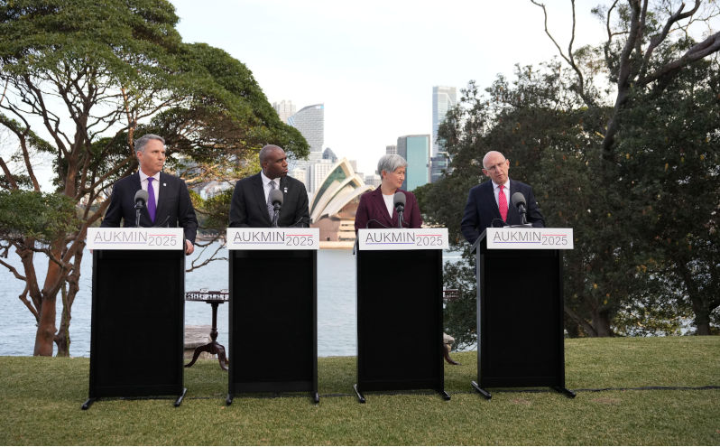 Friday July 25, 2025. (left to right) Australia's Deputy Prime Minister and Minister for Defence Richard Marles, Foreign Secretary David Lammy, Australia's Foreign Minister Penny Wong and Defence Secretary John Healey during a press conference at the Australia-UK ministerial meeting, or Aukmin, in Sydney, Australia. Image: Alamy. Contributor: PA Images Image ID: 3C321EC Australia employs 'straddle' diplomacy with China and the US