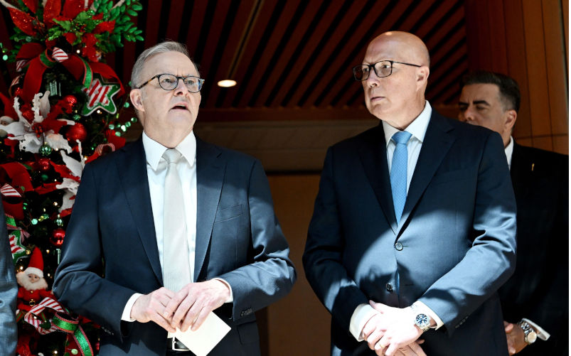 Canberra, Australia. 06th Nov, 2024. Australia's Prime Minister Anthony Albanese (L) talks with Australia's Opposition Leader Peter Dutton at the Wishing Tree at Parliament House in Canberra on November 6, 2024. (Photo by TRACEY NEARMY/AFP) Credit: The Canadian Press/Alamy Live News Contributor: The Canadian Press / Alamy Stock Photo Image ID: 3B143RX The Coalition is killing the Liberal Party