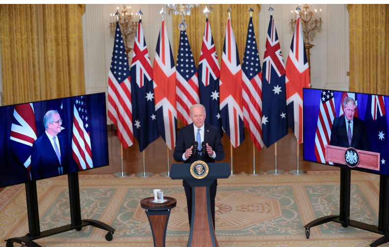 September 15, 2021 President Joe Biden, flanked by Prime Minister Scott Morrison of Australia, left, and Boris Johnson of the United Kingdom, right, delivers remarks about a national security initiative on September 15, 2021 in the East Room of the White House in Washington, DC. The leaders announced the creation of an enhanced trilateral security partnership called ?AUKUS?? Australia, the United Kingdom, and the United States. Credit: Oliver Contreras/Pool via CNP *** Local Caption *** BSMID37313378 Contributor: dpa picture alliance / Alamy Stock Photo Image ID: 2GKYTJ1 AUKUS: America saving us from ourselves