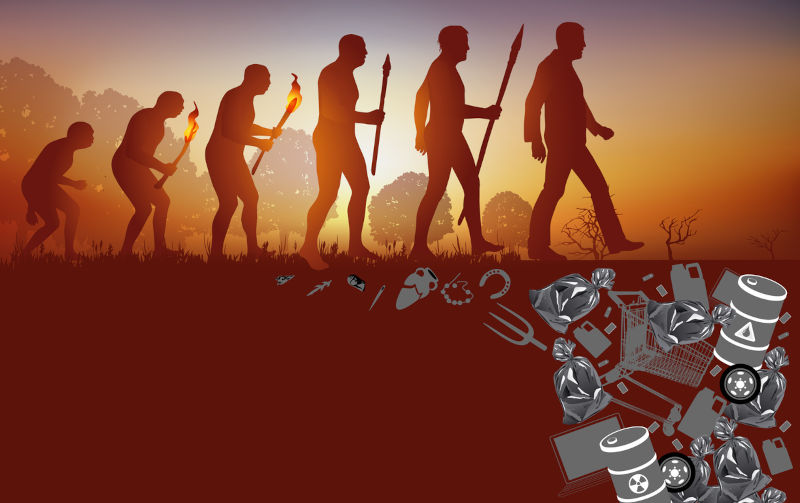 Concept of environment and waste disposal with the symbol of human evolution in the face of pollution caused by human activity. Image: iStock / Pict Rider The threat to survival of our human species is now desperately serious