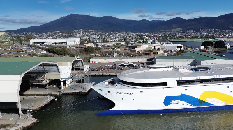 A supplied image of the launch of the world's biggest battery-powered ship, in Hobart, Friday, May 2, 2025, Image:AAP /Supplied by Incat 'This ship changes the game': World’s largest all-electric ferry launches in Tasmania