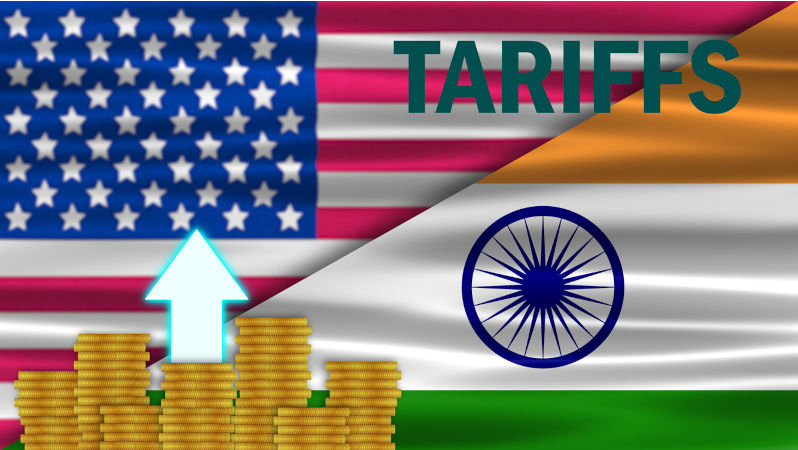 Indian flag on USA flag with tariffs Import export trade policy by government. Image: iStock / SC STUDIO India tests strategic autonomy in fractured trade order