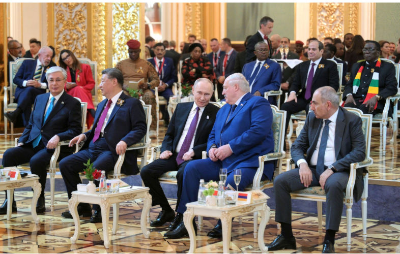 Moscow, Russia. 08 May, 2025. Russian President Vladimir Putin, centre, chats with Belarus President Alexander Lukashenko, 2nd right, during the entertainment portion of a Gala dinner in honor of Victory Day at the Grand Kremlin Palace, May 8, 2025, in Moscow, Russia. From left: Kazakh President Kassym-Jomart Tokayev, Chinese President Xi Jinping, Putin, Belarus President Alexander Lukashenko and Armenian Prime Minister Nikol Pashinian. Credit: Mikhail Metzel/Kremlin Pool/Alamy Live News Contributor: Russian Government / Alamy Stock Photo Image ID: 3BAWKK9 Navigating a world of revisionist powers