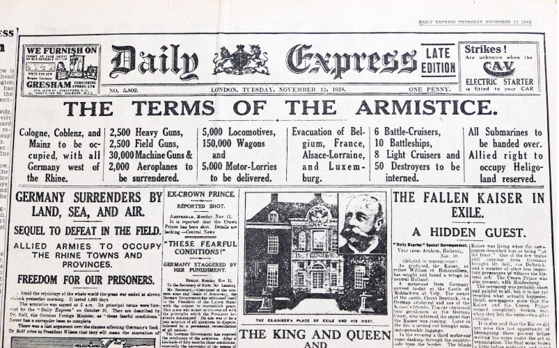 World War I The Terms of the Armistice November 12 1918 reproduced in the November 11 1943 issue of the Daily Express newspaper London England UK./ Image Alamy. ContributorKathy deWitt. Image IDPXN715 The armistice of 1918 and the 'ceasefire' of 2025