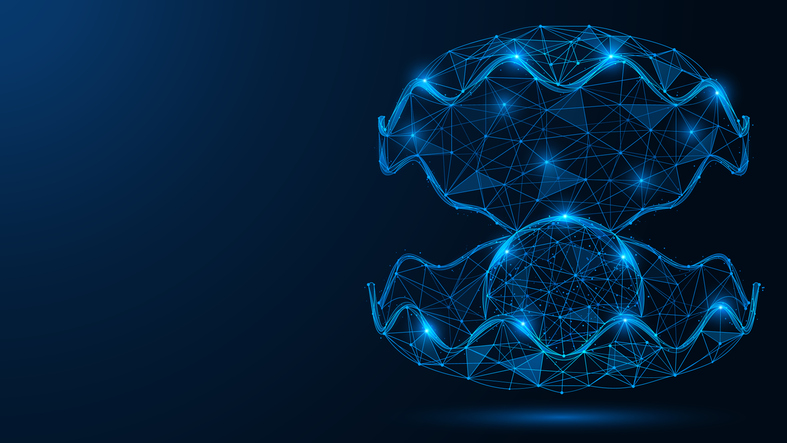 Polygonal design of interconnected lines and dots creating a pearl in an open shell. . Blue background. Image:iStock/Ilya Lukichev Investing in Pearls