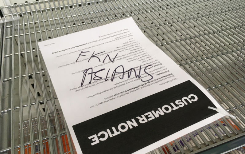 Racist_sign_super market4_March_2020. Image Supplied / Stella Yee Of social cohesion, belonging and the Australian flag