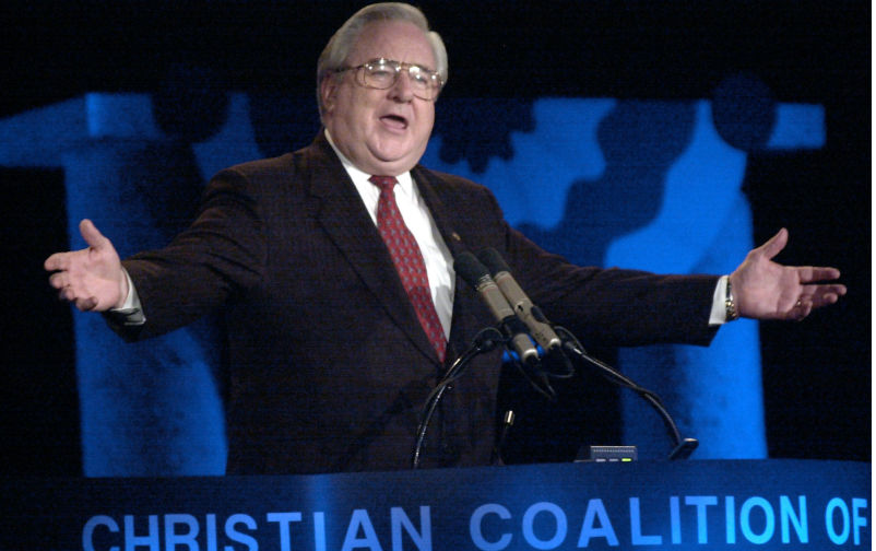 Rev. Jerry Falwell speaks during the Christian Coalition of America Road to Victory 2000 conference. Contributor: Panthera / Alamy Stock Photo Image ID: BR1R00 Jerry Falwell and the Christian culture wars