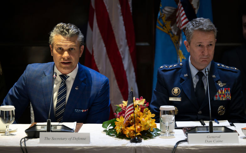 Secretary of Defence Pete Hegseth, alongside Chairman of the Joint Chiefs of Staff Gen. Dan Caine, participates in a trilateral exchange with Japanese Minister of Defence Gen Nakatani and Australian Deputy Prime Minister and Minister of Defence Richard Marles at the 22nd Shangri-La Dialogue in Singapore, May 31, 2025. (DoD photo by U.S. Navy Petty Officer 1st Class Alexander Kubitza) Contributor: APFootage / Alamy Stock Photo Image ID: 3BFBDRN Shangri-la is not Shangri-la
