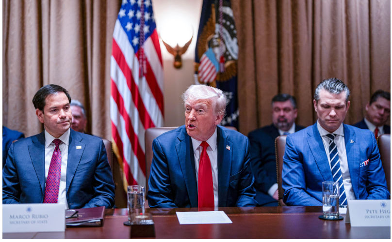 From left to right: United States Secretary of State Marco Rubio, US President Donald J Trump, and US Secretary of Defense Pete Hegseth, during a cabinet meeting at the White House in Washington, DC, US, on Wednesday, Feb. 26, 2025. Elon Musk's demand that more than two million federal employees defend their work is facing pushback from other powerful figures in the Trump administration, in a sign that the billionaire's brash approach to overhauling the government is creating division. Credit: Al Drago/Pool via CNP/AdMedia. Contributor: Newscom / Alamy Stock Photo Image ID: 2SY7T95 Danger: Global security is now in the hands of Trump, Rubio and Hegseth