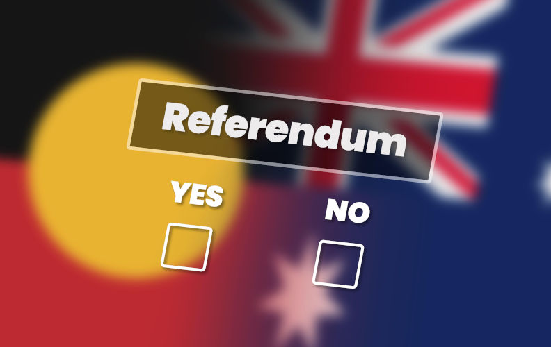Australian referendum sign with yes and no tick boxes. Background with aboriginal and Australian flags. 30 August 2023. Contributor: pripir / Alamy Stock Photo Image ID: 2RMRAP0 Bridging now to next – seeking to rise from the ashes of the Voice referendum