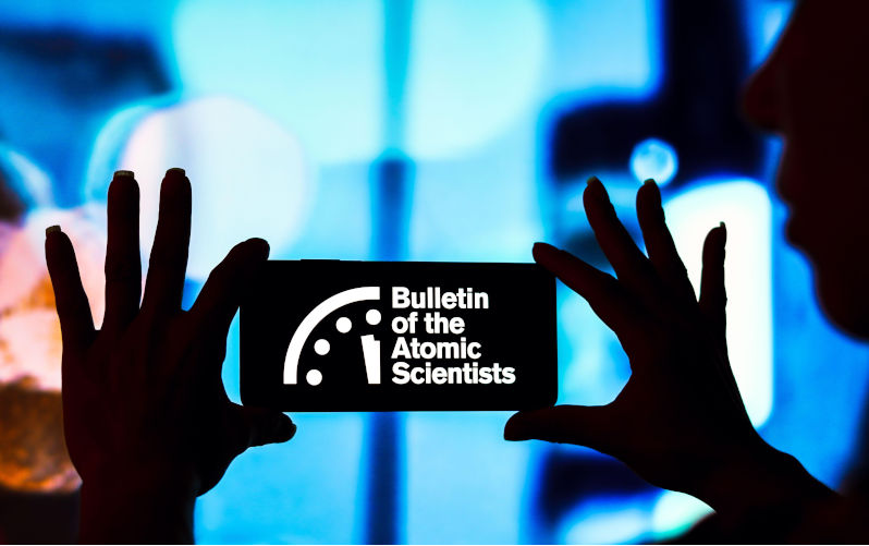 In this photo illustration, the Bulletin of the Atomic Scientists (Doomsday Clock) logo is displayed on a smartphone screen. (Credit Image: (c) Rafael Henrique/SOPA Images via ZUMA Press Wire) EDITORIAL USAGE ONLY! Not for Commercial USAGE!. Contributor: ZUMA Press, Inc. Image ID: 2N3B48T A memo to Albo on nuclear weapons