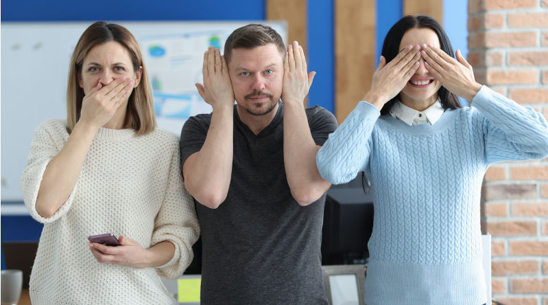 Man and women covering their mouths, eyes and ears with hands. Feel nothing concept. Image iStock/Creditmegaflopp Do you see me? Do you hear me? Does what I say matter?