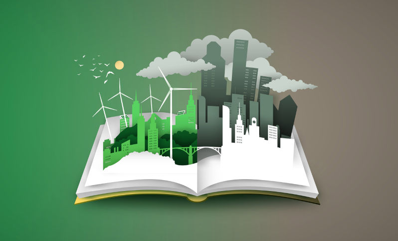 Open book of green and dirty city landscape in 3d paper cut style. Good, bad town with clean energy or pollution. Different lifestyle papercut illustration for ecofriendly campaign. Image iStock / Creditcienpies Realism and optimism on energy transition