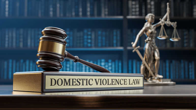 Domestic violence law Judges Gavel as a symbol of legal system, Themis is the goddess of justice and wooden stand with text word on the background of books. Image iStock / CreditAlexander Sikov Family violence and migrant women - a better way