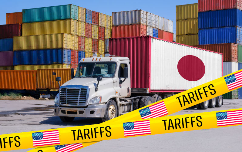 A Japan-marked shipping container on a truck, blocked by US 'Tariffs' tape, symbolizing the trade war's impact on Japan-US relations - Montage. Image: iStock / Marc Bruxelle Trump tariff deals with Japan, India bogged down – Asian Media Report
