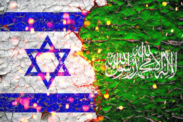 Israel and Hamas flags painted over cracked concrete wall.And lava flows behind.Israel vs Hamas war. Image: iStock Justice for Palestine: Why Hamas must be involved