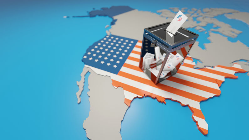 US elections, ballot box over a map of USA with stars and stripes. Abstract concept background with negative space. Digital 3D render. Is it the US electoral system that is at fault?