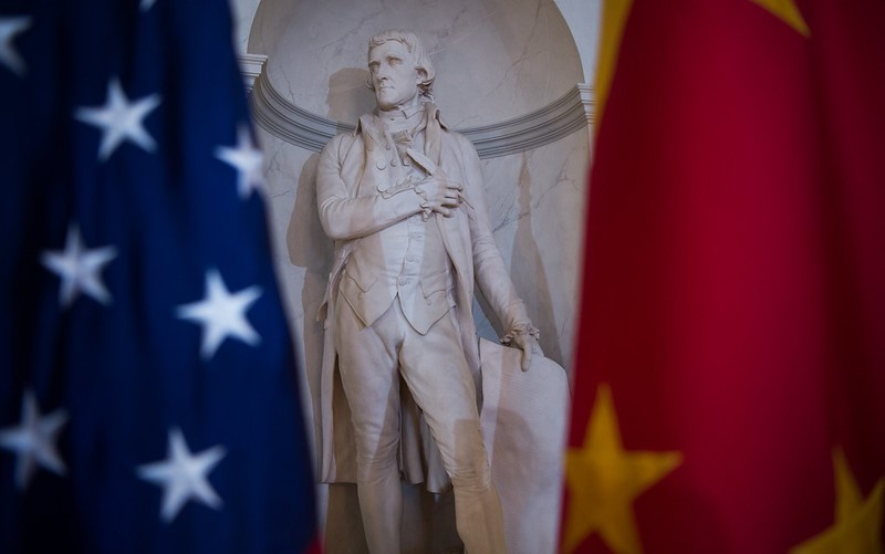 US-China flags at Thomas Jefferson statue in Washington