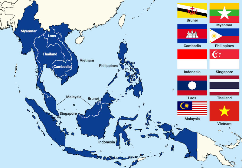 ASEAN countries - map and flags.