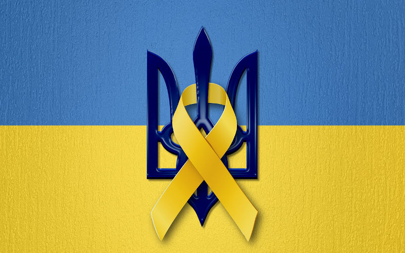 Ukraine Coat of Arms with yellow ribbon entwined