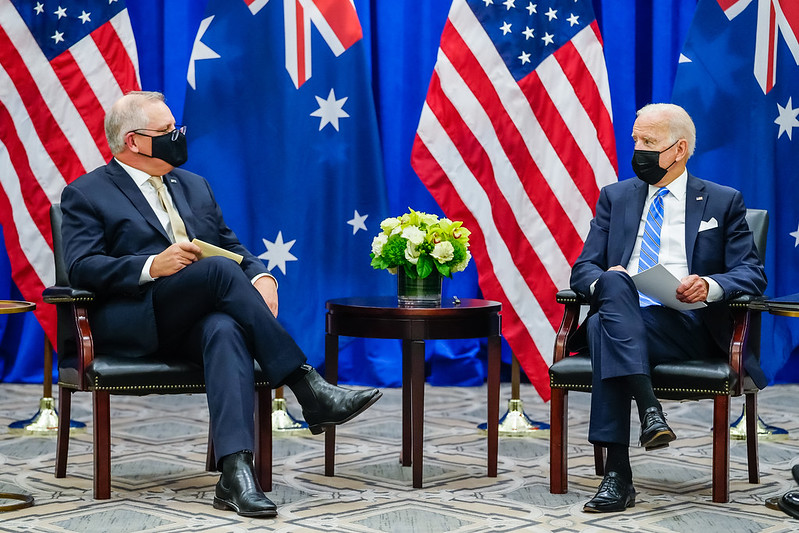 Scott Morrison talks with Joe Biden