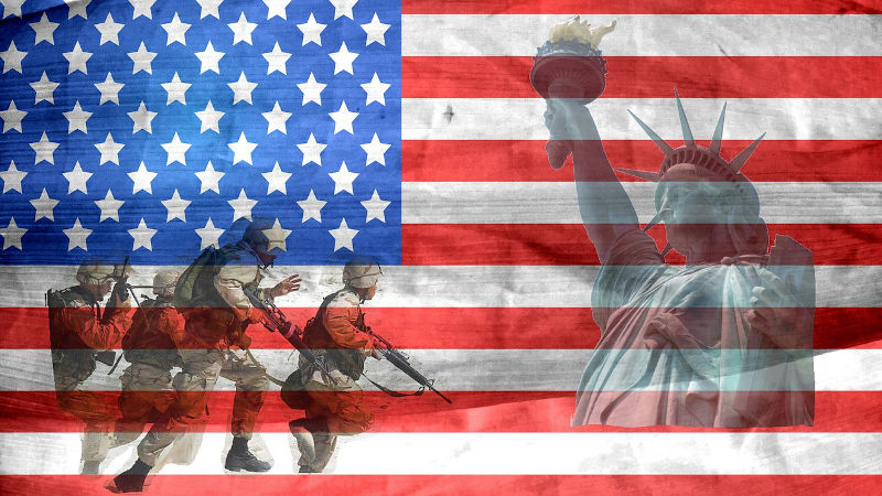 USA flag with soldiers and the Statue of Liberty