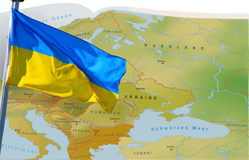 Ukraine flag waves over a map of Europe