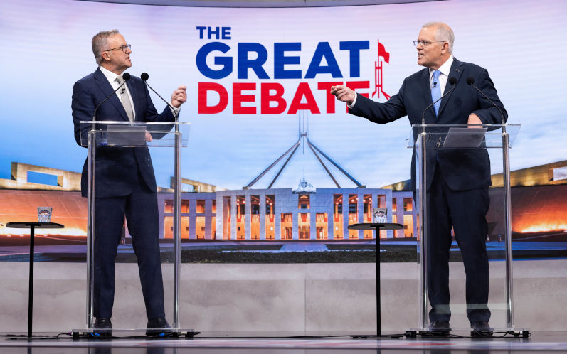 Australian Prime Minister Scott Morrison (right) and Opposition Leader Anthony Albanese during the second leaders' debate ahead of the federal election at Nine Studios in Sydney, Sunday, May 8, 2022