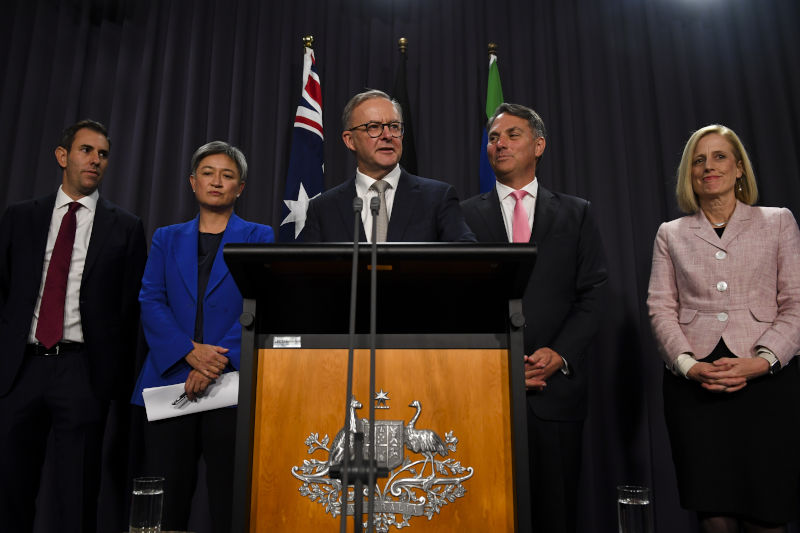 Australian Prime Minister Anthony Albanese and his interim ministers Penny Wong, Jim Chalmers, Richard Marles and Katy Gallagher speak to the media during a press conference at Parliament House in Canberra, Monday, May 23, 2022