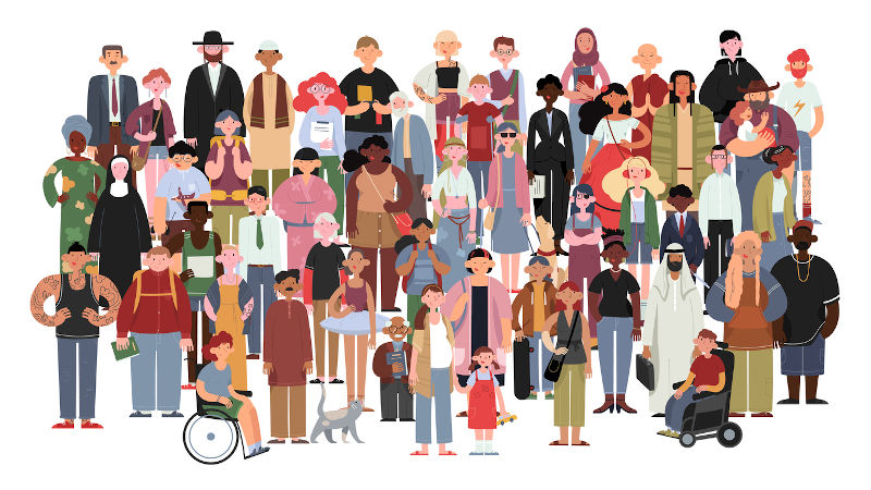 An illustration depicting socially diverse, multicultural, multi generational men, women, children inclusive of disability