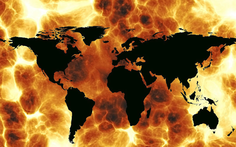 world map on a background of flames