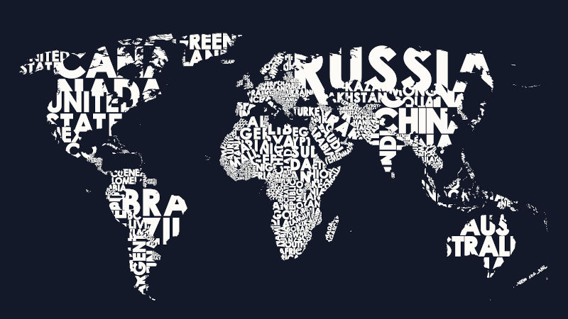 World map text composition of country names, typographical black and white print