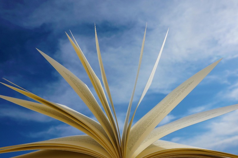 Pages turning in a book with a blue sky background