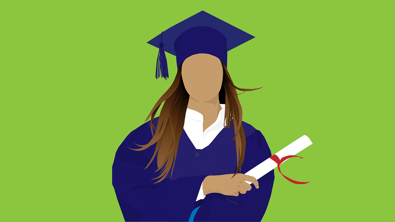 Illustration of a graduate in cap and gown with scroll