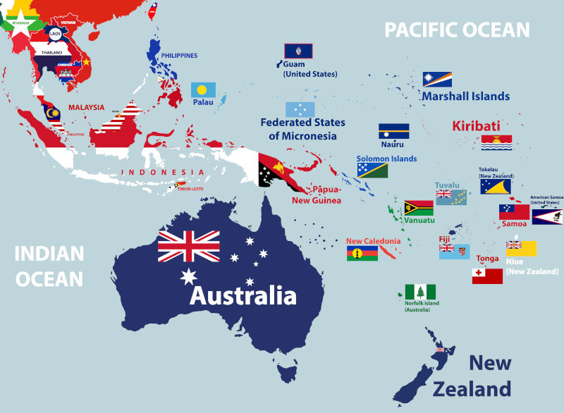 map of Australia, Oceania and South East Asian countries mixed with their national flags