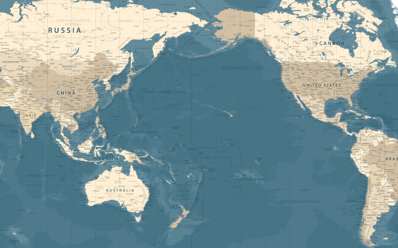 Vector map of the Pacific Ocean showing China, Australia and the USA