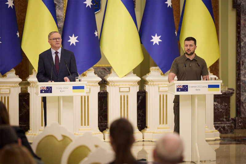 Australian Prime Minister Anthony Albanese, responds to a question as Ukrainian President Volodymyr Zelenskyy look on during a joint press conference at the Presidential Administration Building, July 3, 2022 in Kyiv, Ukraine.